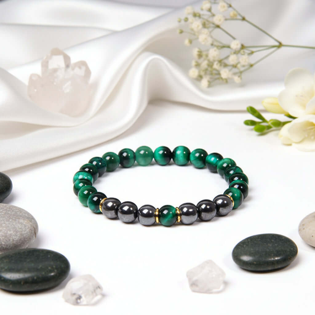 Men's tiger eye energy bracelet with natural golden-brown stones and sleek black gallstone accents. — view 2