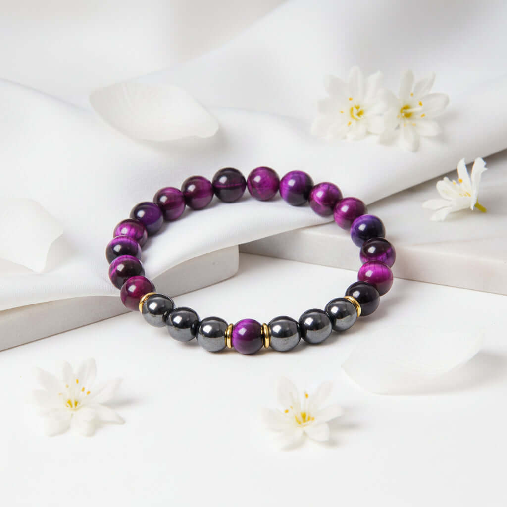 Men's tiger eye energy bracelet with natural golden-brown stones and sleek black gallstone accents. — view 4