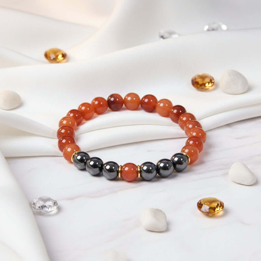 Men's tiger eye energy bracelet with natural golden-brown stones and sleek black gallstone accents. — view 5