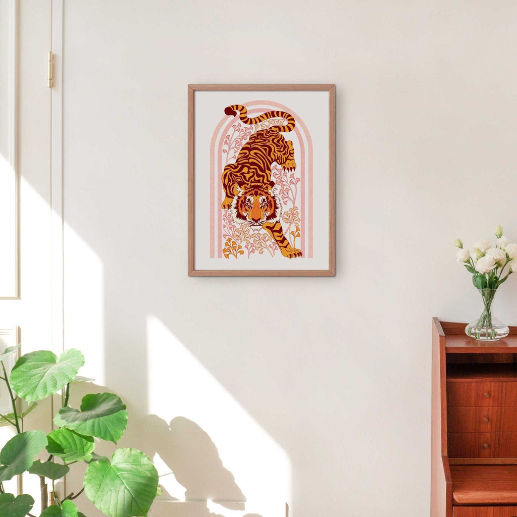 Tiger Tiger botanical art print with floral motifs and orange arch illustration on premium poster paper — view 4