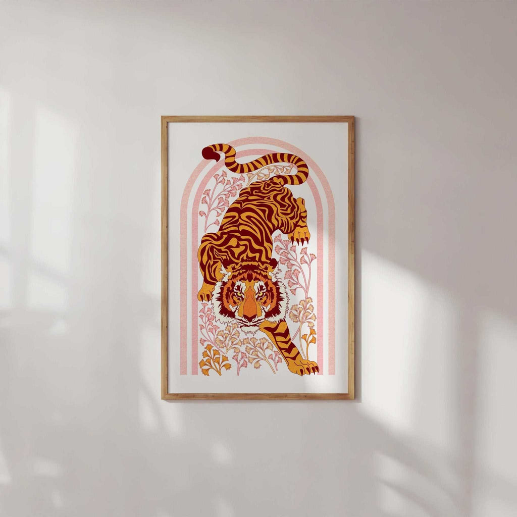 Tiger Tiger botanical art print with floral motifs and orange arch illustration on premium poster paper — view 2