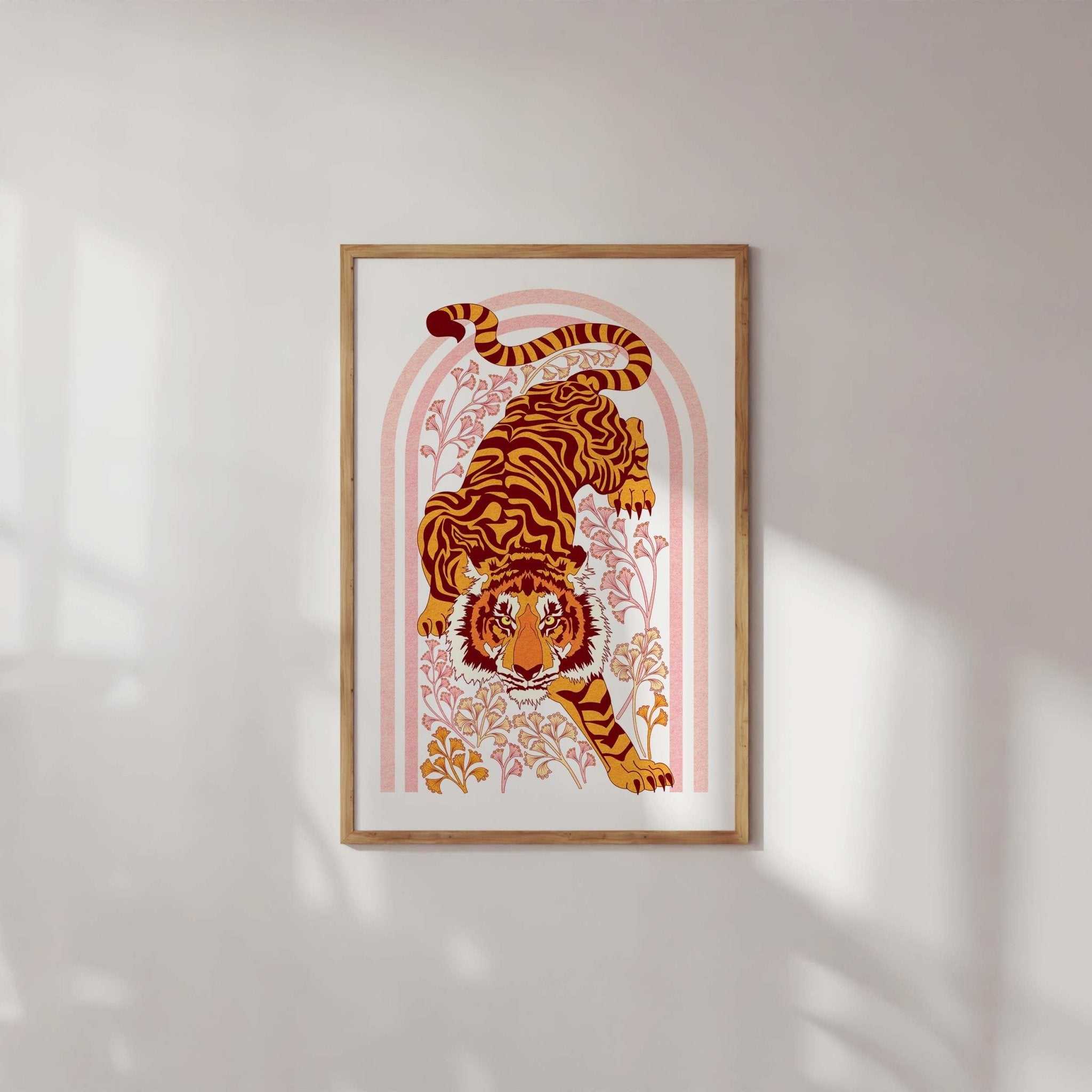 Tiger Tiger botanical art print with floral motifs and orange arch illustration on premium poster paper — view 2