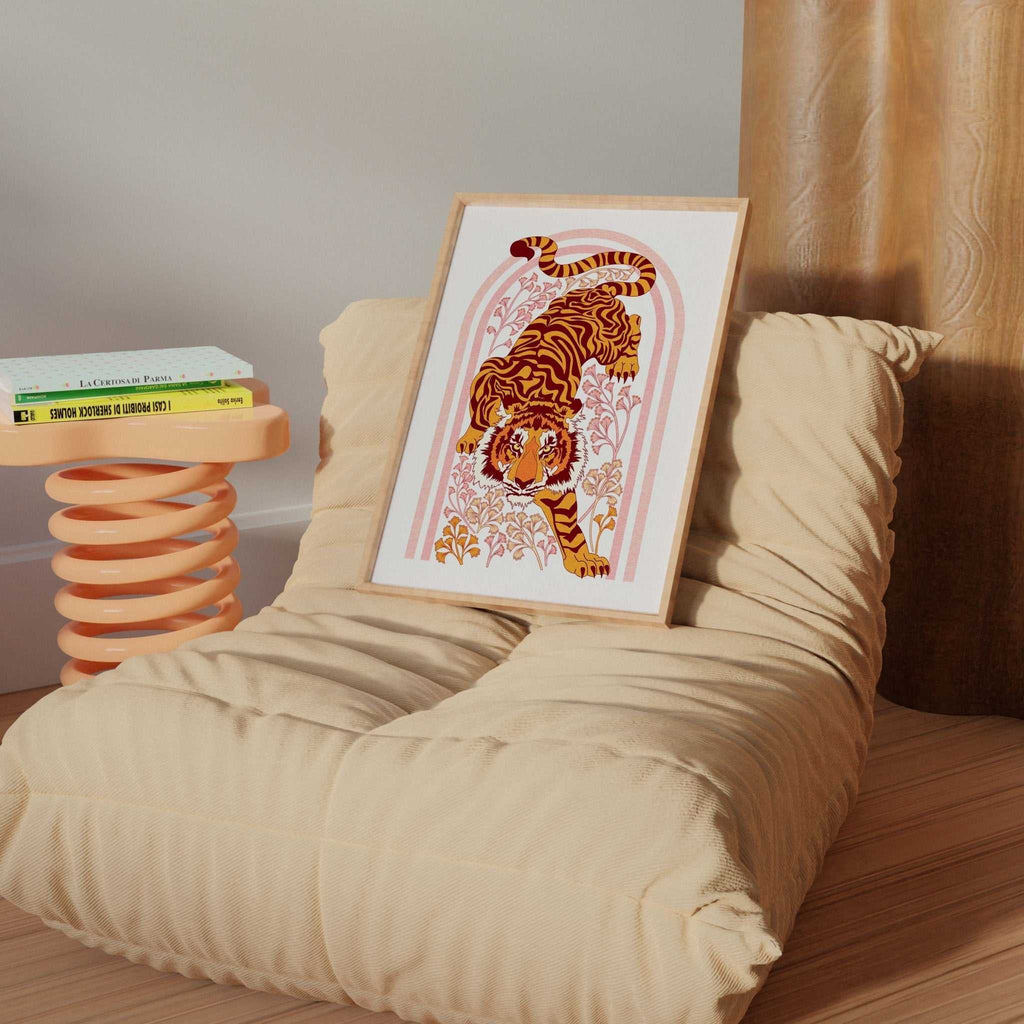 Tiger Tiger botanical art print with floral motifs and orange arch illustration on premium poster paper