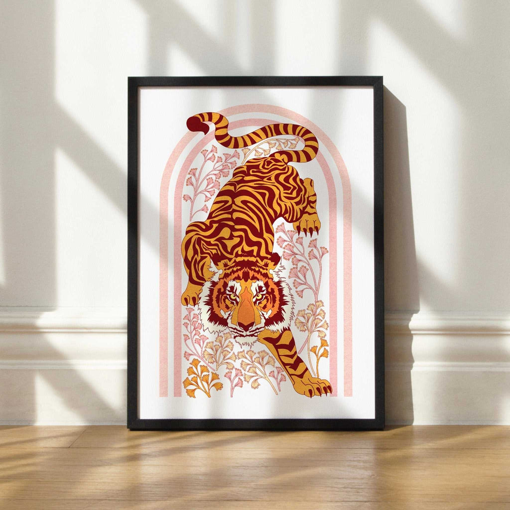 Tiger Tiger botanical art print with floral motifs and orange arch illustration on premium poster paper — view 3