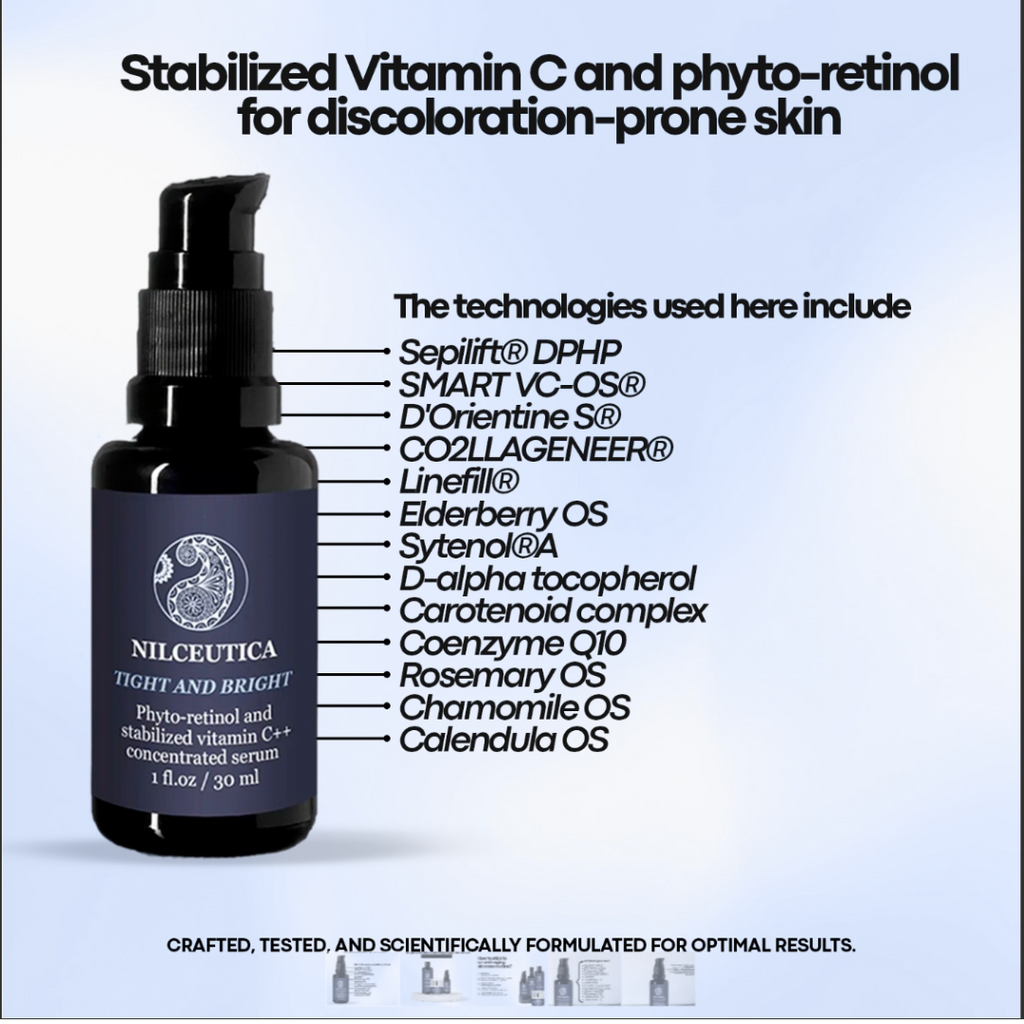 Bottle of Tight and Bright phyto-retinol and vitamin C face serum for anti-aging and hyperpigmentation — view 2