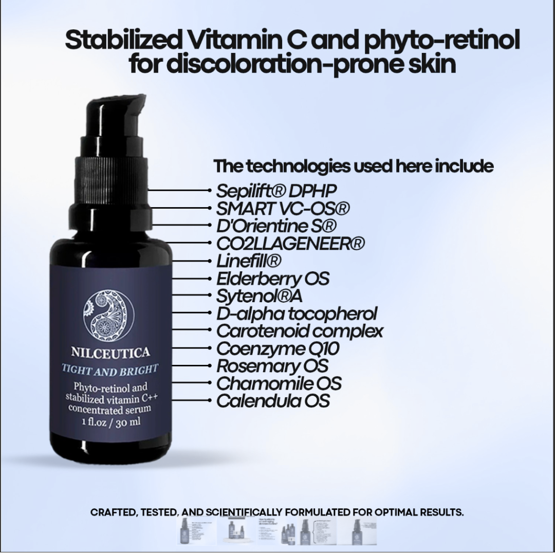 Bottle of Tight and Bright phyto-retinol and vitamin C face serum for anti-aging and hyperpigmentation — view 2