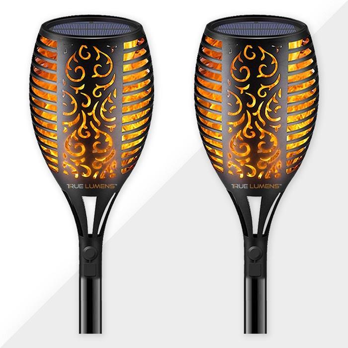 SolaFlame 96LED flickering flame outdoor solar lights with versatile ground and wall mounts in black