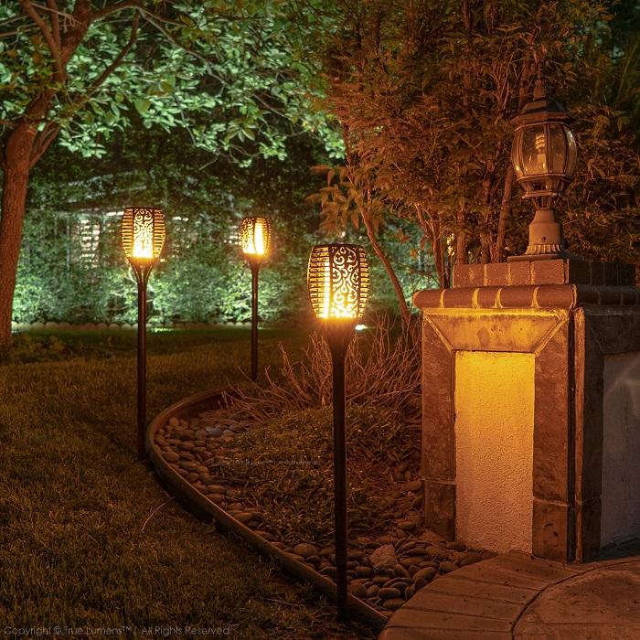 SolaFlame 96LED flickering flame outdoor solar lights with versatile ground and wall mounts in black — view 2