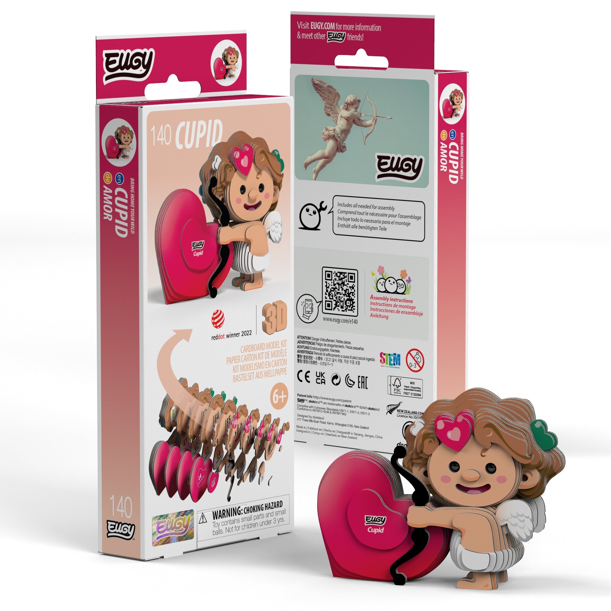 Assembled cardboard Cupid 3D puzzle with a smiling face bow and red heart