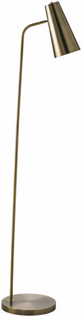 Montacuto metallic brass floor lamp with white metal shade, iron base, and foot switch cord