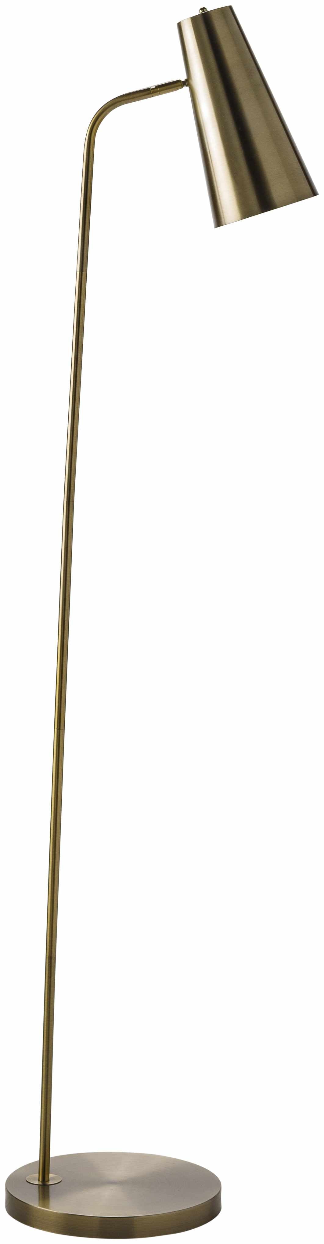 Montacuto metallic brass floor lamp with white metal shade, iron base, and foot switch cord