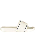 Women's white designer slip-on sandal slippers featuring iconic logo print on the top strap