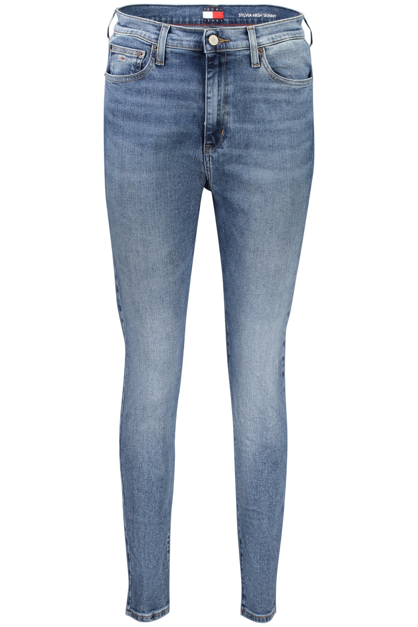 Tommy Hilfiger women's high waisted skinny jeans in washed blue denim with five pocket styling