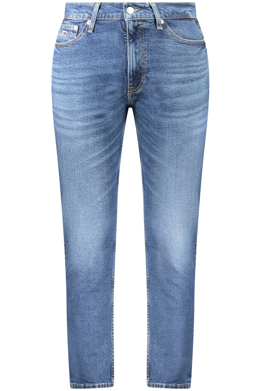 Men's blue denim dad jeans with a tapered fit washed effect and classic five pocket design