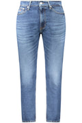 Men's blue denim dad jeans with a tapered fit washed effect and classic five pocket design