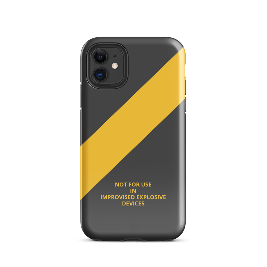 Industrial grey iPhone case featuring a caution-yellow stripe and bold warning text motif — view 2