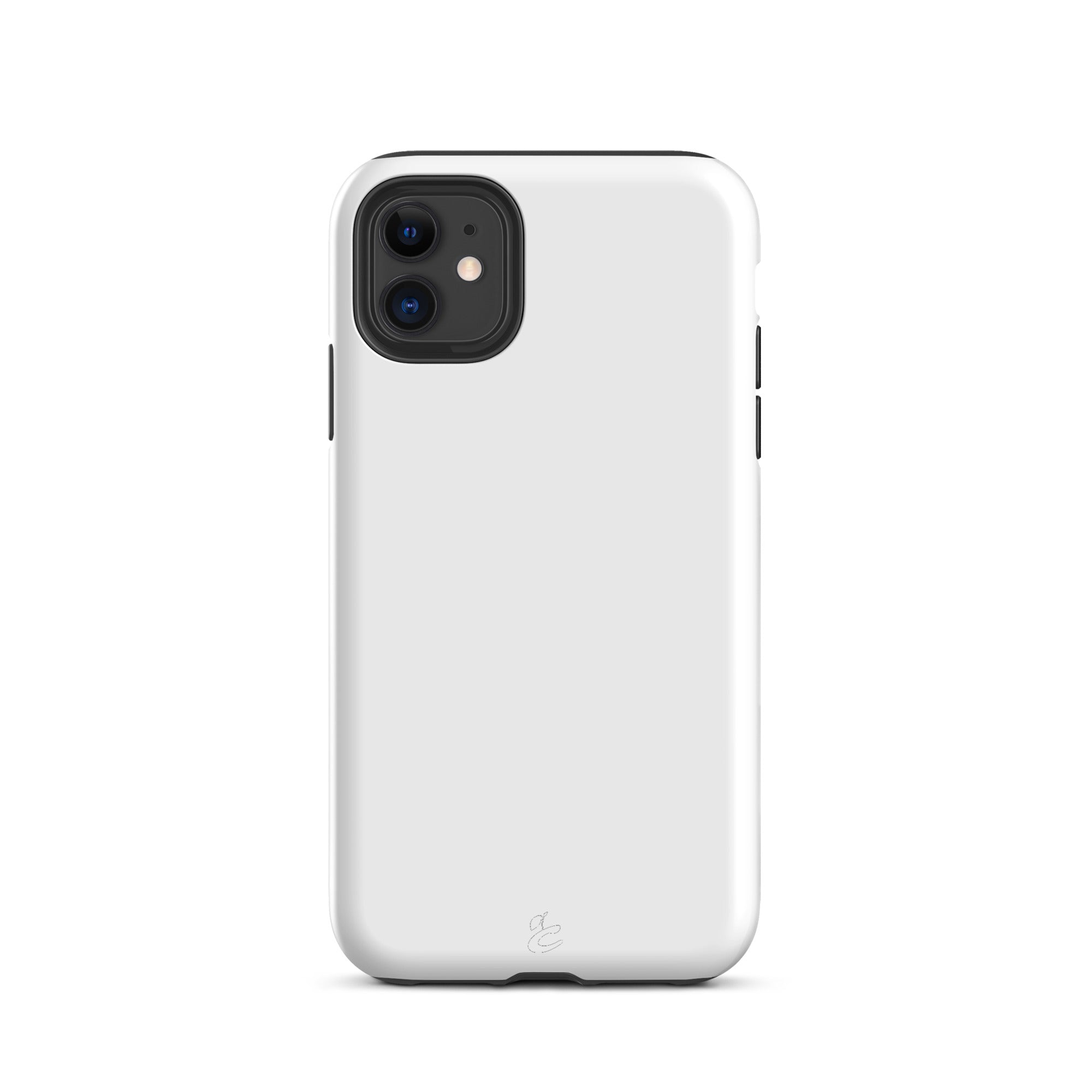White dual-layer protective Cherry Neanderthal iPhone case showing polycarbonate shell and precise port cutouts