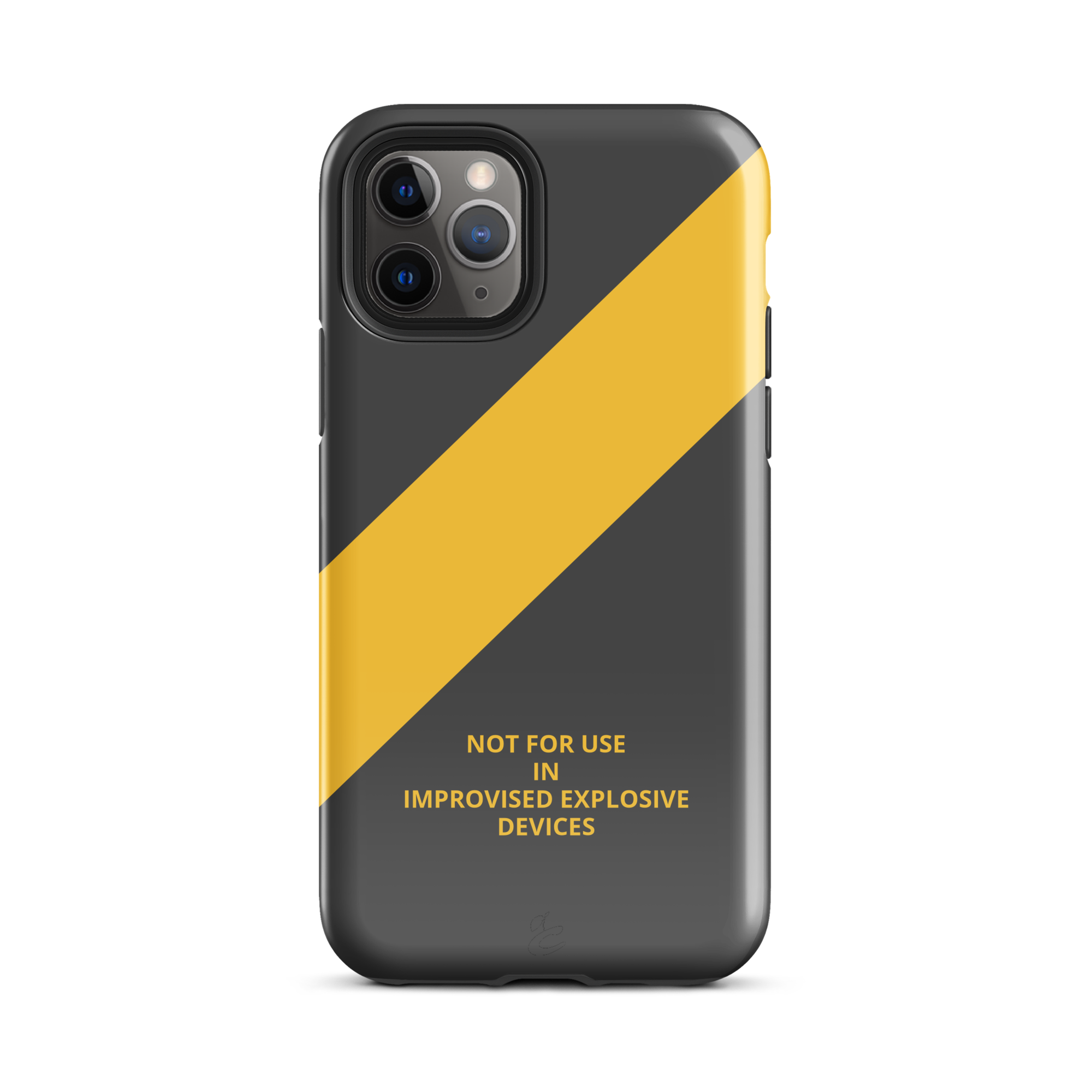 Industrial grey iPhone case featuring a caution-yellow stripe and bold warning text motif — view 4