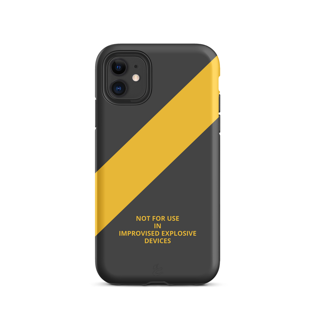 Industrial grey iPhone case featuring a caution-yellow stripe and bold warning text motif — view 3
