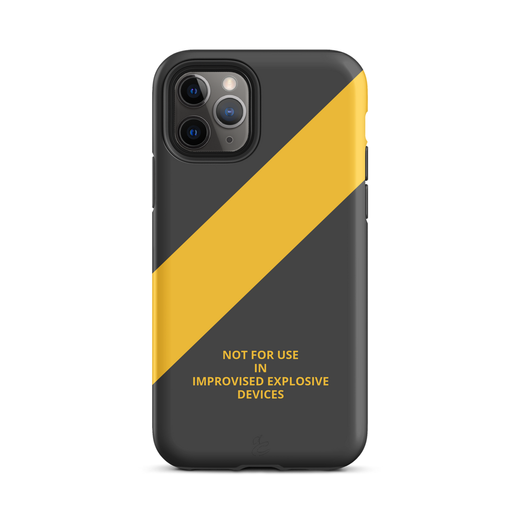 Industrial grey iPhone case featuring a caution-yellow stripe and bold warning text motif — view 5