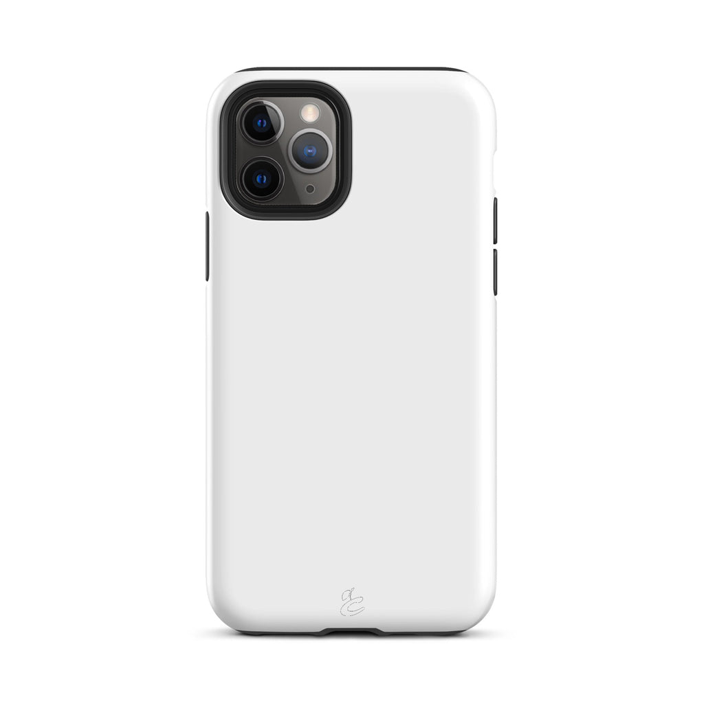 White dual-layer protective Cherry Neanderthal iPhone case showing polycarbonate shell and precise port cutouts — view 4