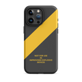 Industrial grey iPhone case featuring a caution-yellow stripe and bold warning text motif