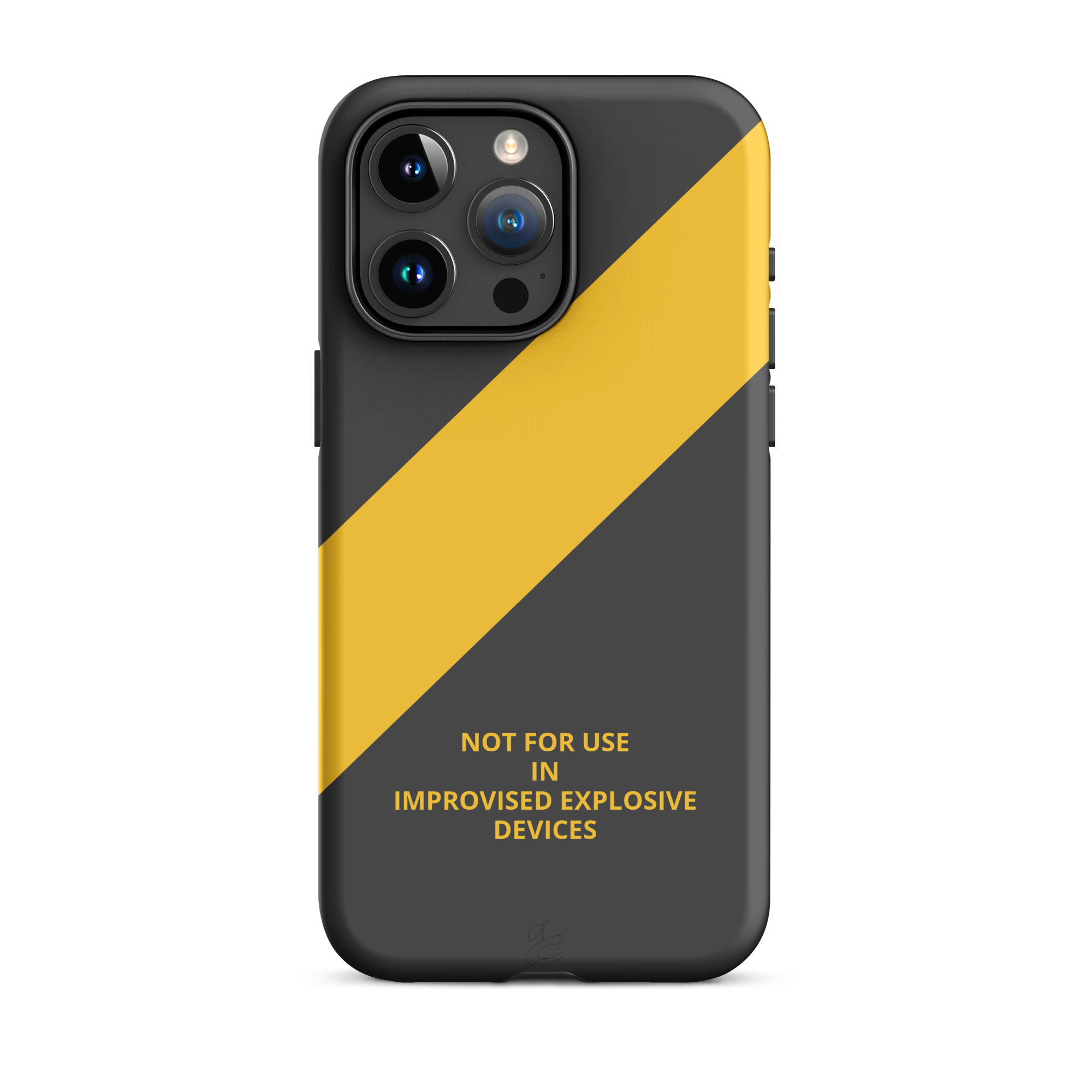 Industrial grey iPhone case featuring a caution-yellow stripe and bold warning text motif