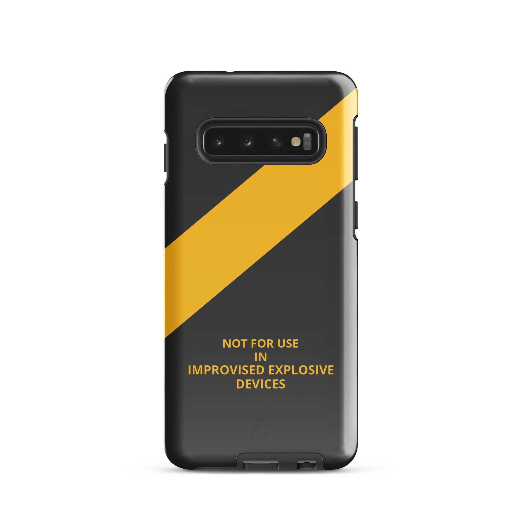 Industrial grey and caution yellow Samsung phone case featuring bold graphic text and dual layer protection — view 2