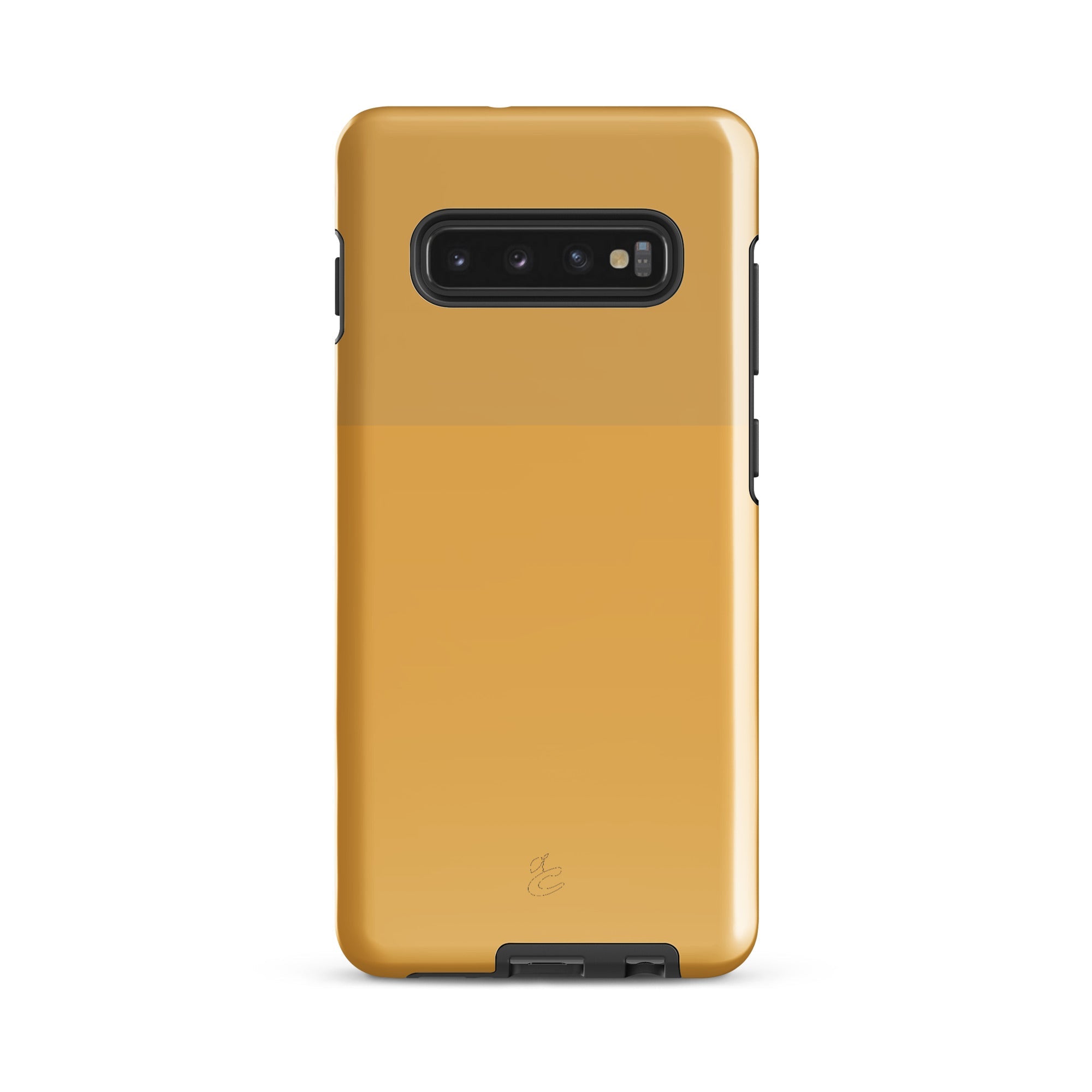 Cherry Neanderthal Samsung case in two-tone Capitalist Gold with tough outer shell and impact-resistant lining