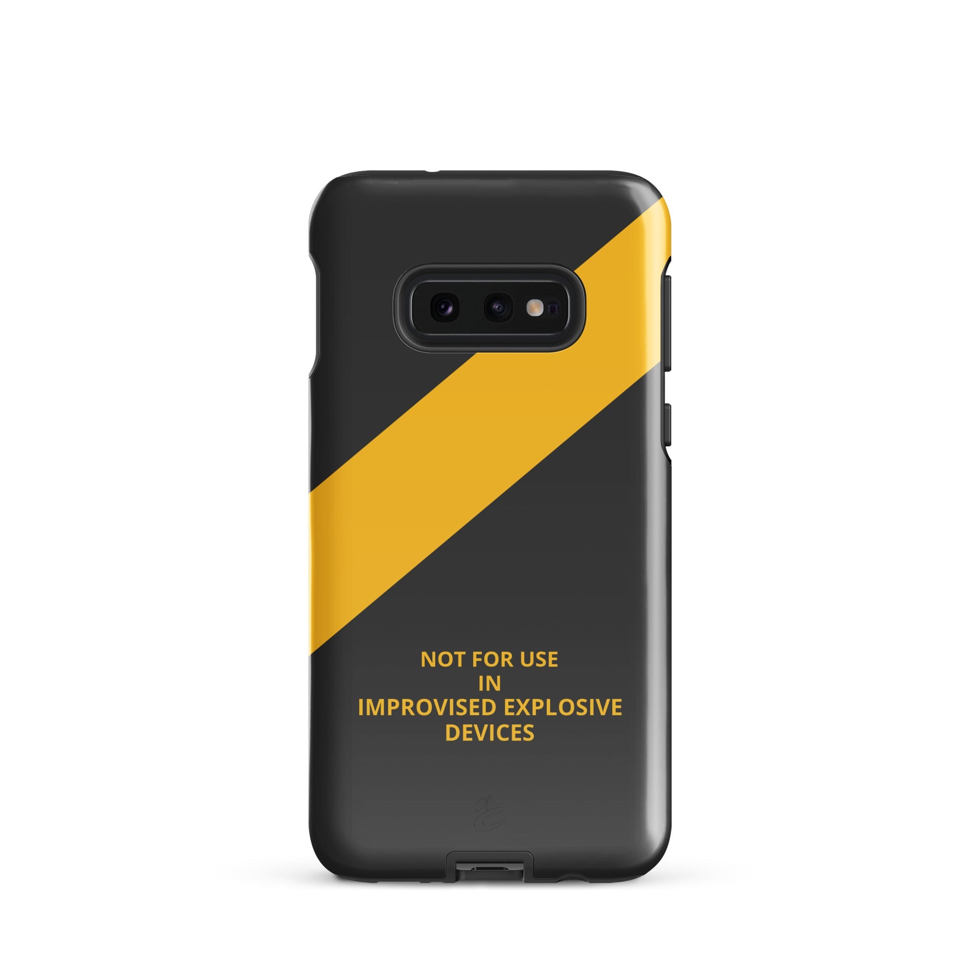 Industrial grey and caution yellow Samsung phone case featuring bold graphic text and dual layer protection — view 4