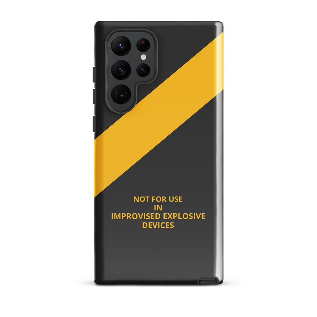 Industrial grey and caution yellow Samsung phone case featuring bold graphic text and dual layer protection