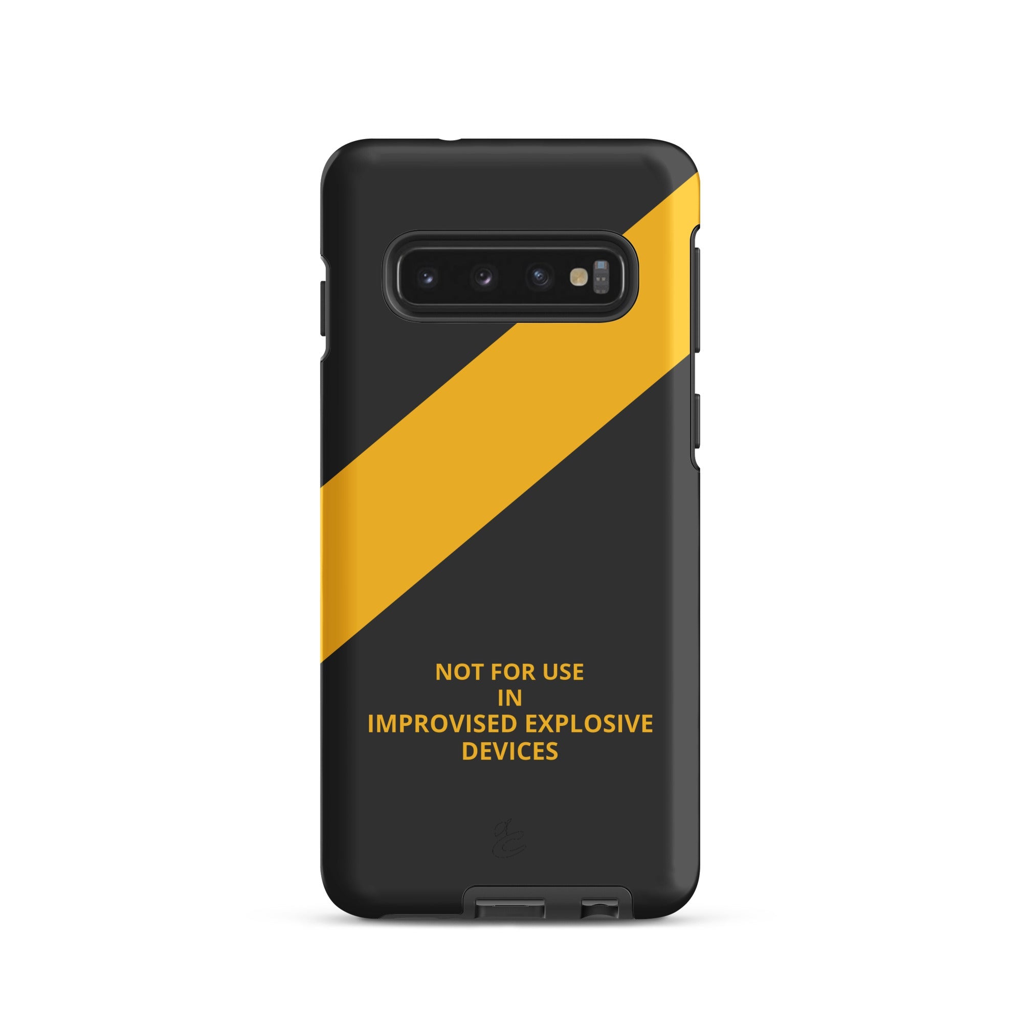 Industrial grey and caution yellow Samsung phone case featuring bold graphic text and dual layer protection — view 3