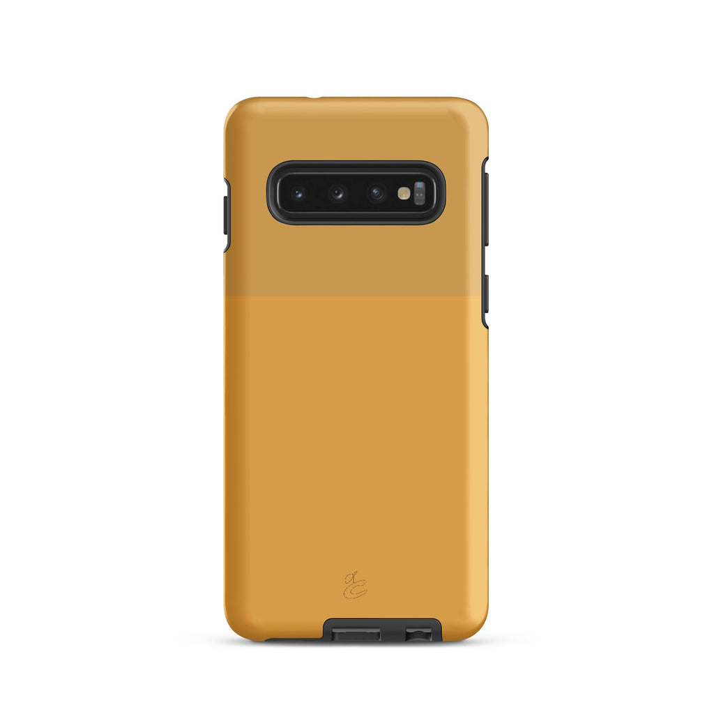 Cherry Neanderthal Samsung case in two-tone Capitalist Gold with tough outer shell and impact-resistant lining — view 3