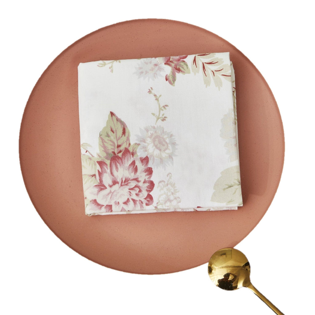 Set of four vintage mint floral cotton dining napkins with pink rose patterns