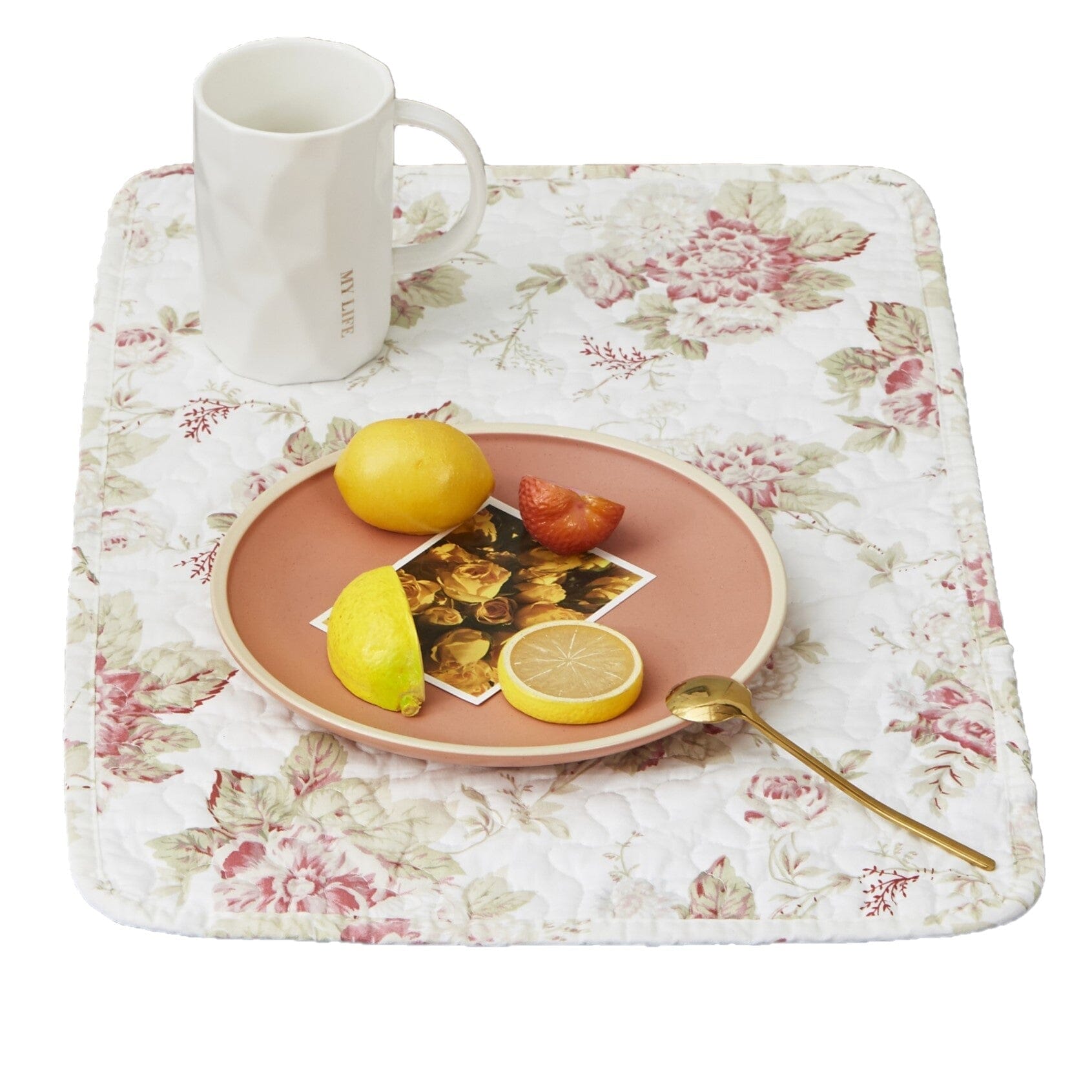 Floral quilted cotton dining placemat set of 4 with pink roses and green foliage design — view 4