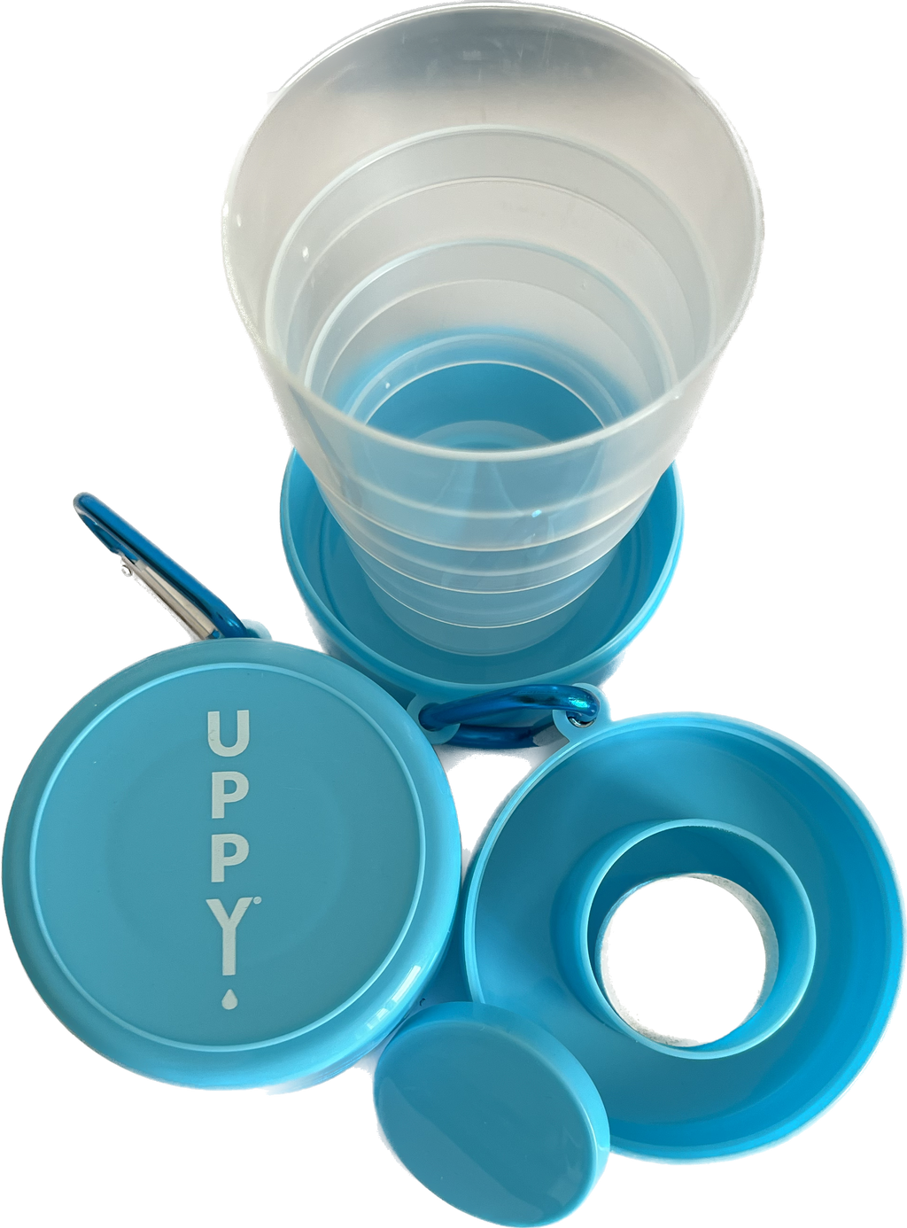 Collapsible travel cup with built in tablet holder carabiner clip and four tier expandable design — view 4