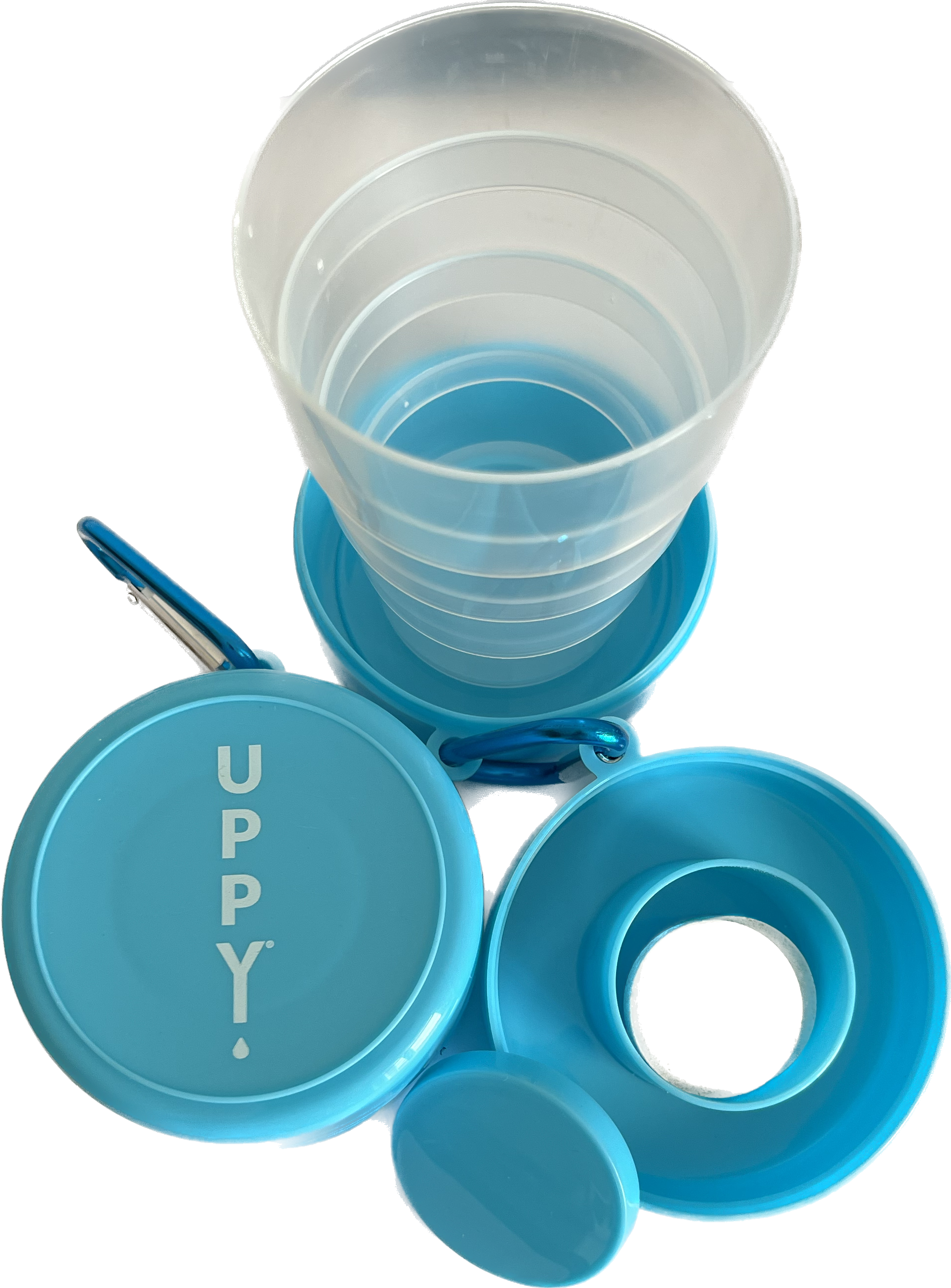 Collapsible travel cup with built in tablet holder carabiner clip and four tier expandable design — view 4