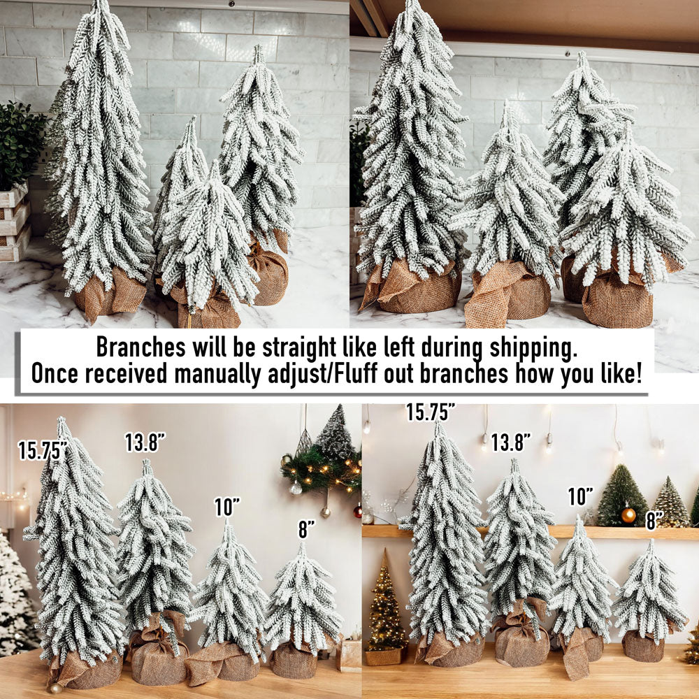 Realistic faux snow-covered tabletop Christmas tree with adjustable branches and rustic jute-wrapped fir wood base — view 3