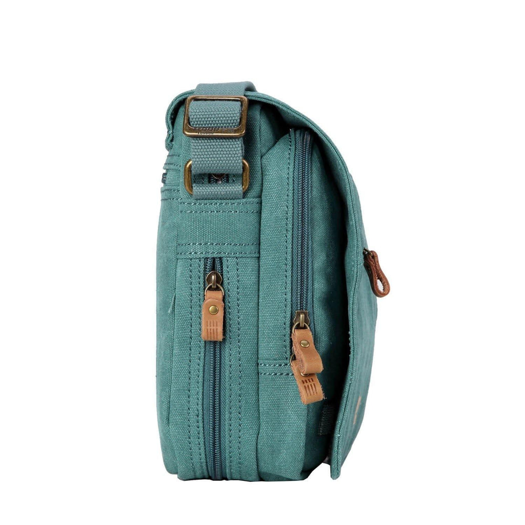 Stonewashed canvas flap crossbody bag with genuine leather trimmings and adjustable padded shoulder strap. — view 4