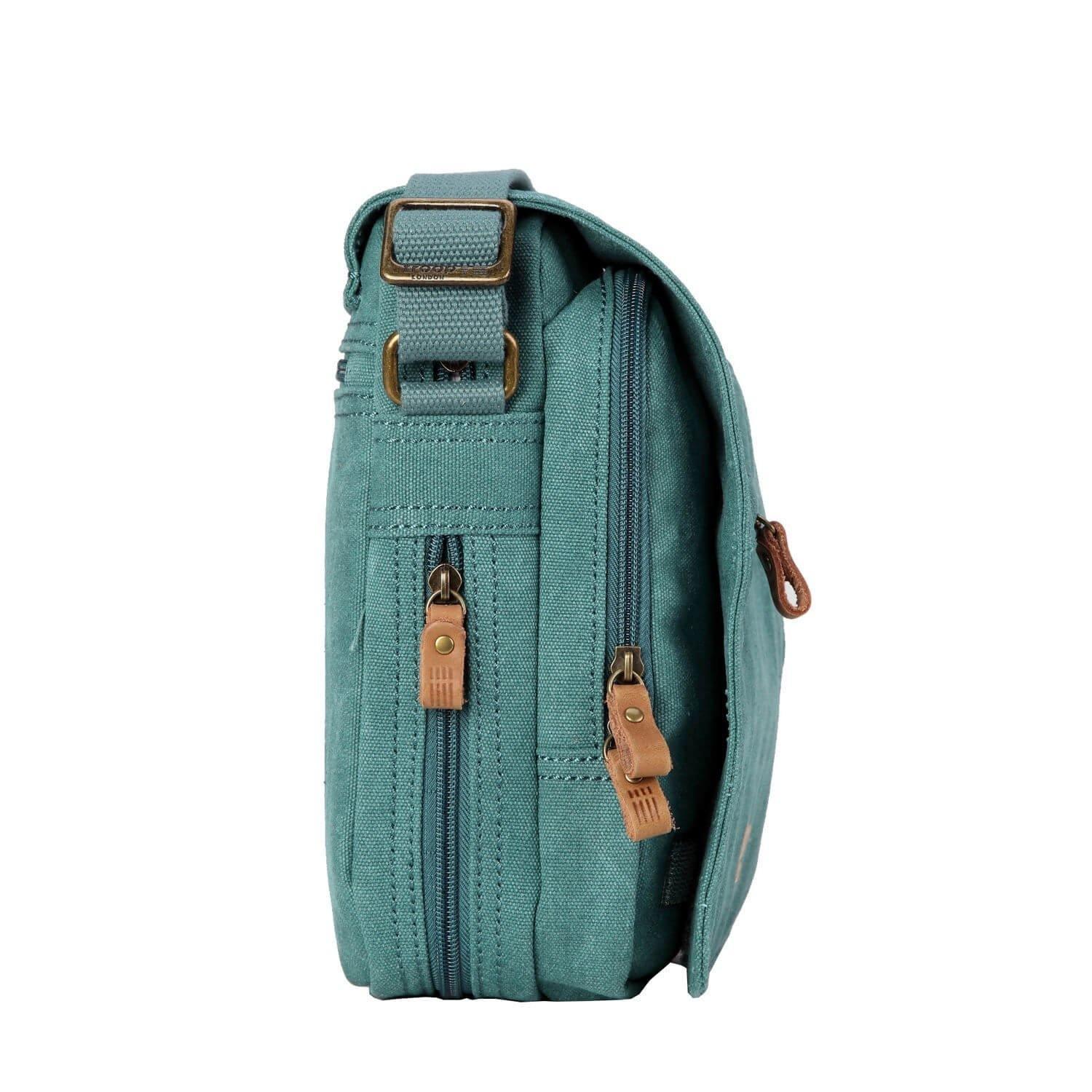 Stonewashed canvas flap crossbody bag with genuine leather trimmings and adjustable padded shoulder strap. — view 4