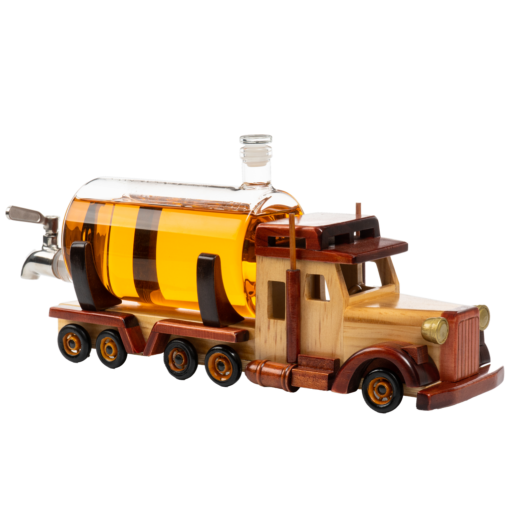 Truck whiskey decanter with solid mahogany wood base and 1000ml hand-blown glass barrel
