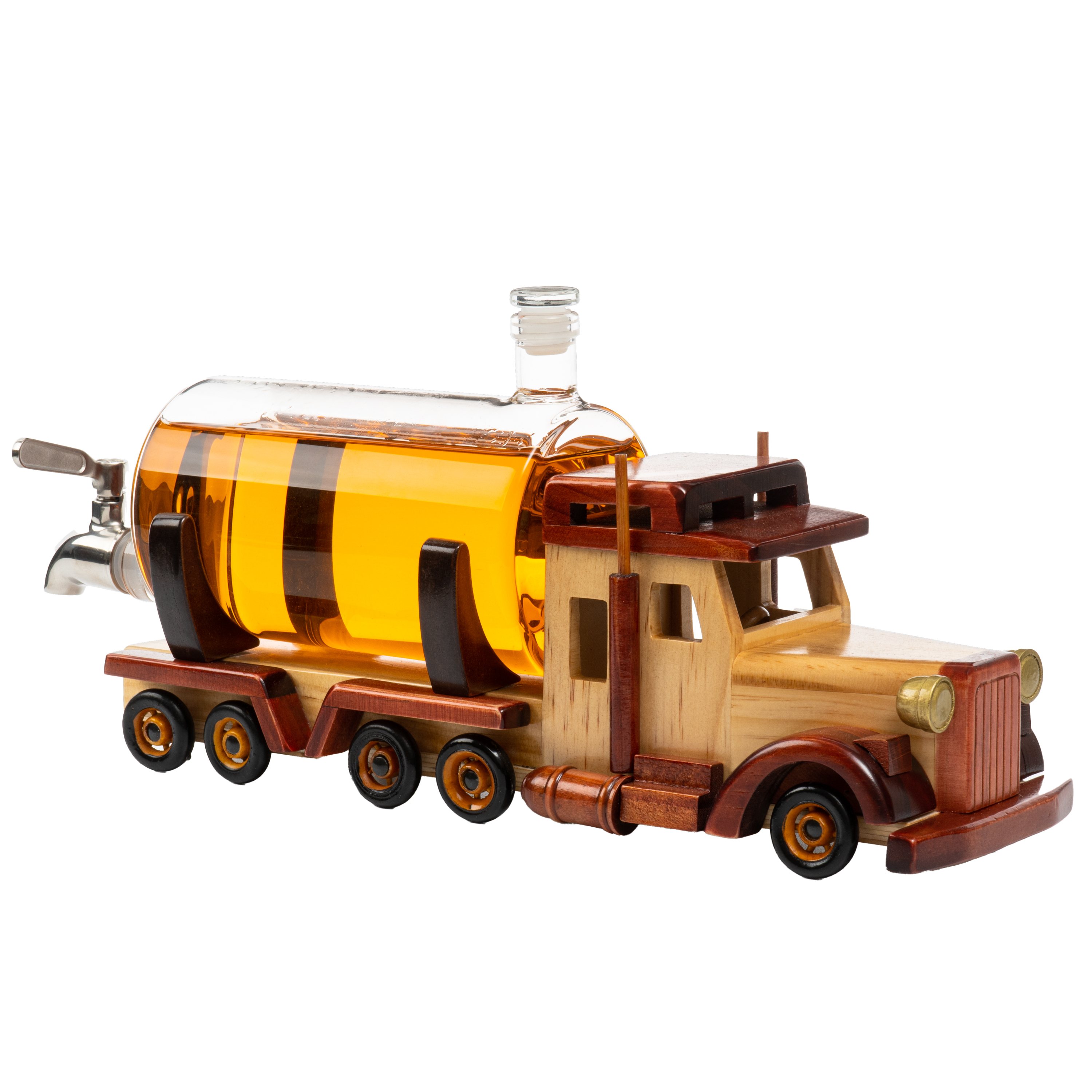 Truck whiskey decanter with solid mahogany wood base and 1000ml hand-blown glass barrel