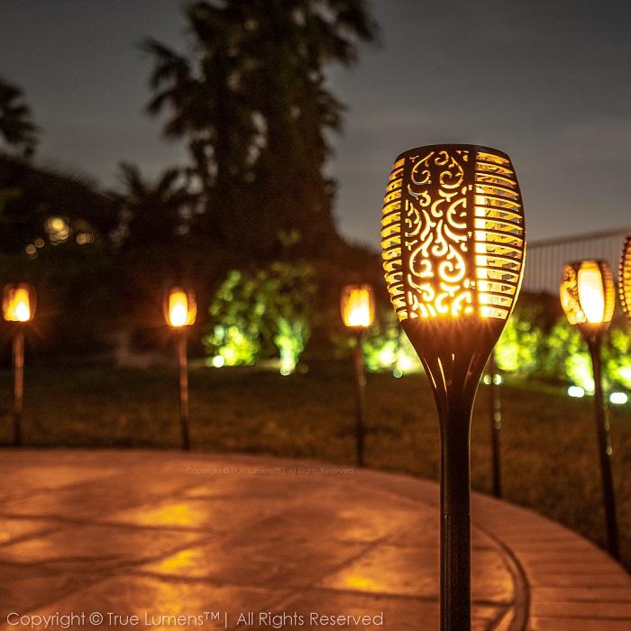 SolaFlame 96LED flickering flame outdoor solar lights with versatile ground and wall mounts in black — view 3