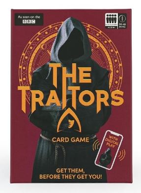 BBC The Traitors official card game box and playing cards laid out for tabletop play — view 2