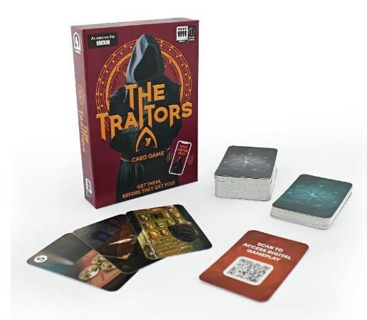 BBC The Traitors official card game box and playing cards laid out for tabletop play — view 3