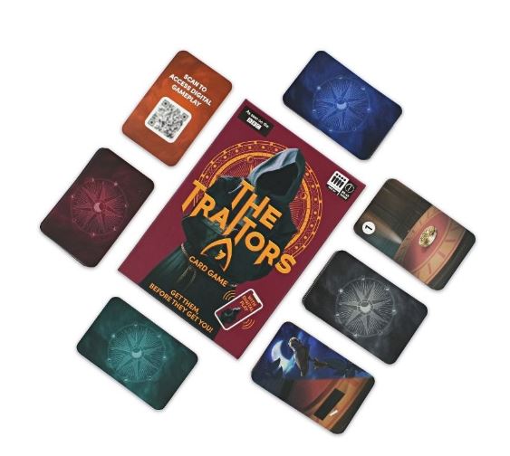 BBC The Traitors official card game box and playing cards laid out for tabletop play — view 5