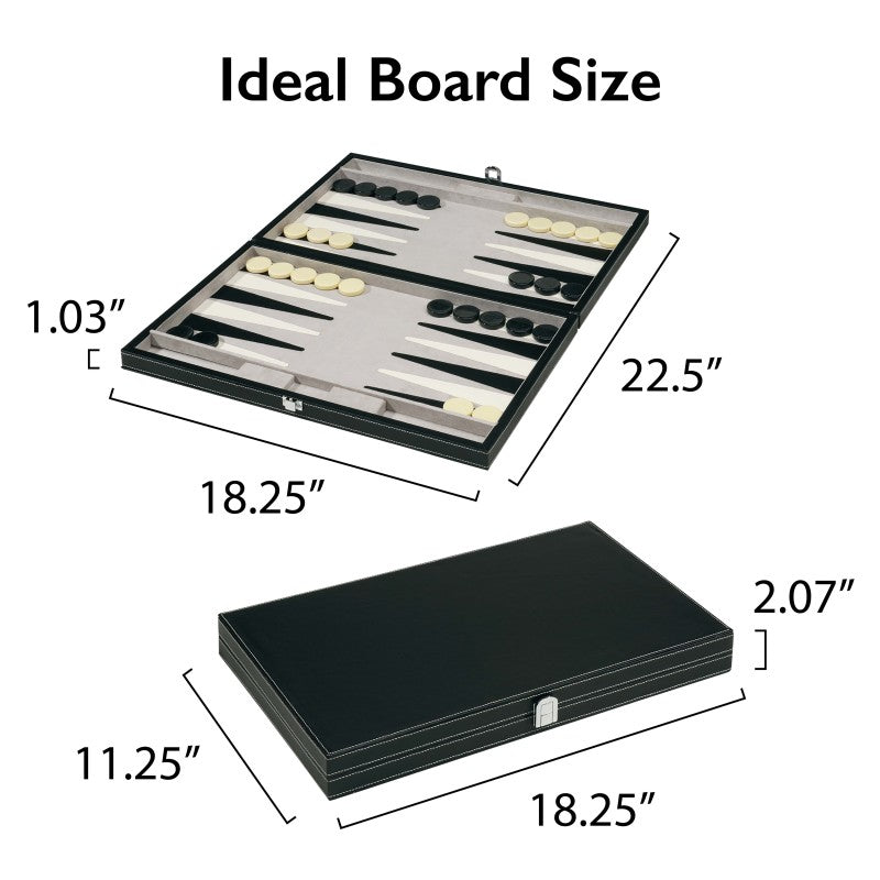 Classic 18-inch black leatherette backgammon board set with white and black playing pieces and dice — view 5