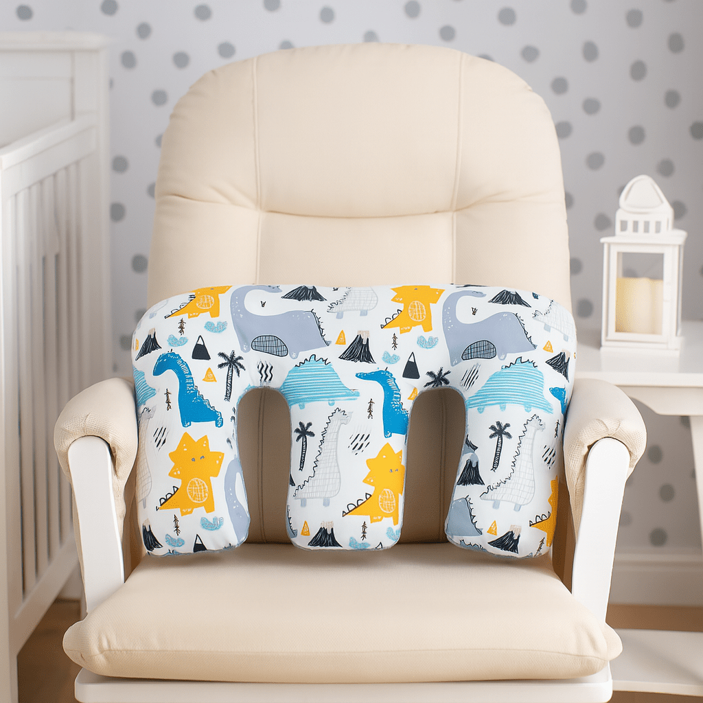 Twin pregnancy nursing pillow with playful dinosaur print, wrapping waist design for tandem infant feeding