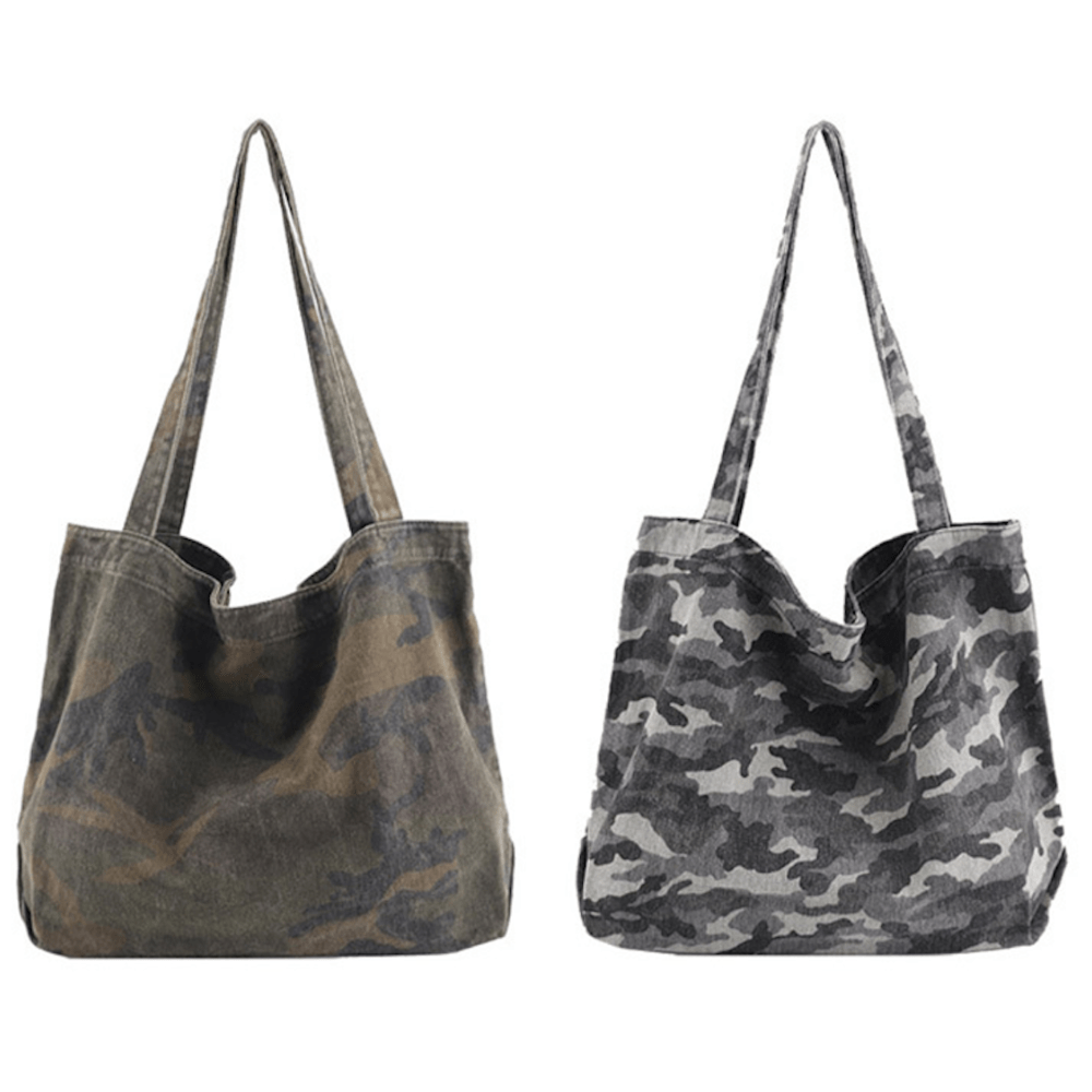 Kristy canvas tote bag in green camo print featuring vintage styling and durable shoulder straps — view 3