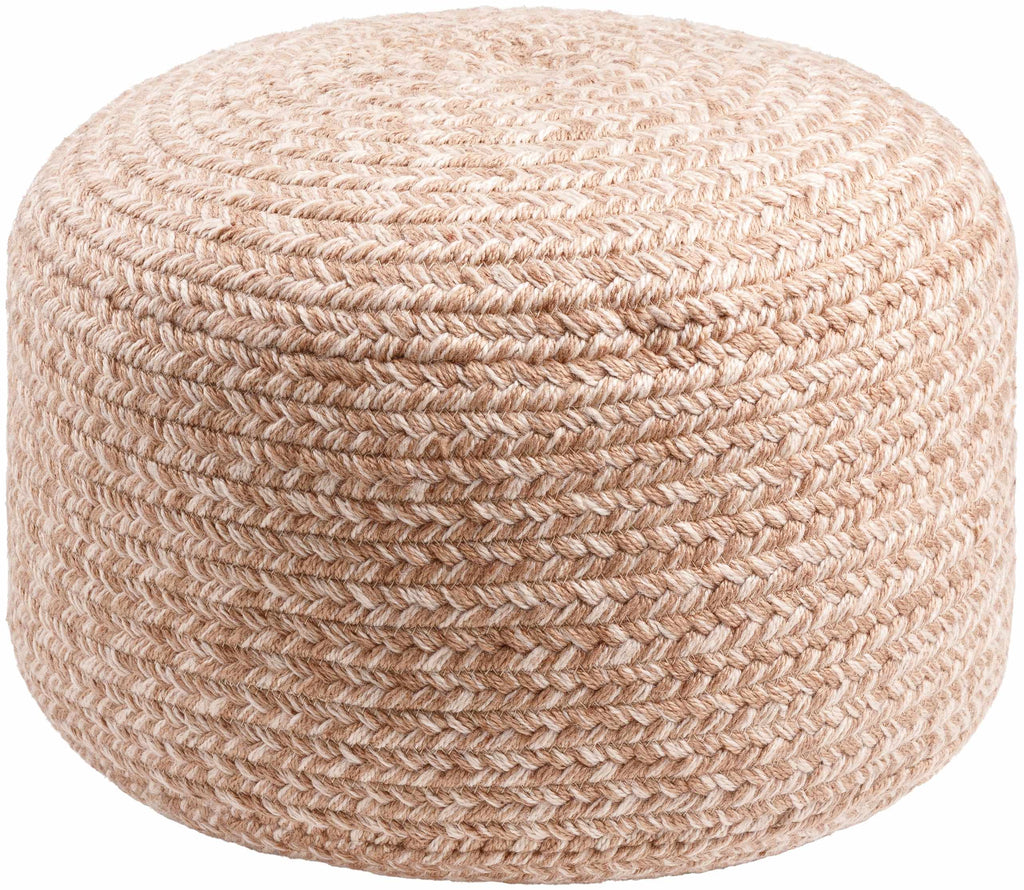 Dusty pink blush knitted pouf made from textured recycled yarn for indoor or outdoor seating